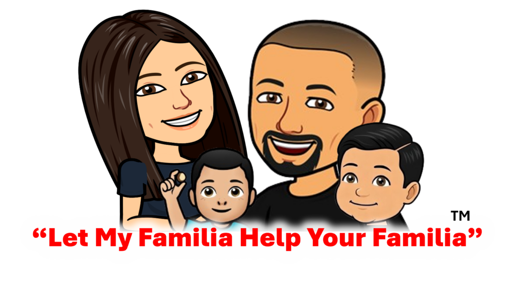 Cartoon drawing of a smiling family with two parents and two young boys, with the phrase “Let My Familia Help Your Familia” in bold red text below them.