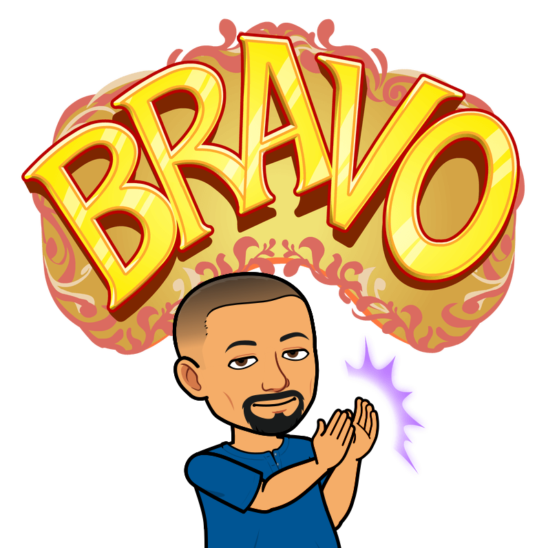 Cartoon man with a beard and mustache clapping, with the word "BRAVO" in large, decorative yellow and red letters above him.