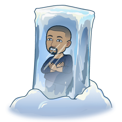 Cartoon of a person with a beard and short hair frozen inside a block of ice, arms crossed over chest, surrounded by snow and ice.