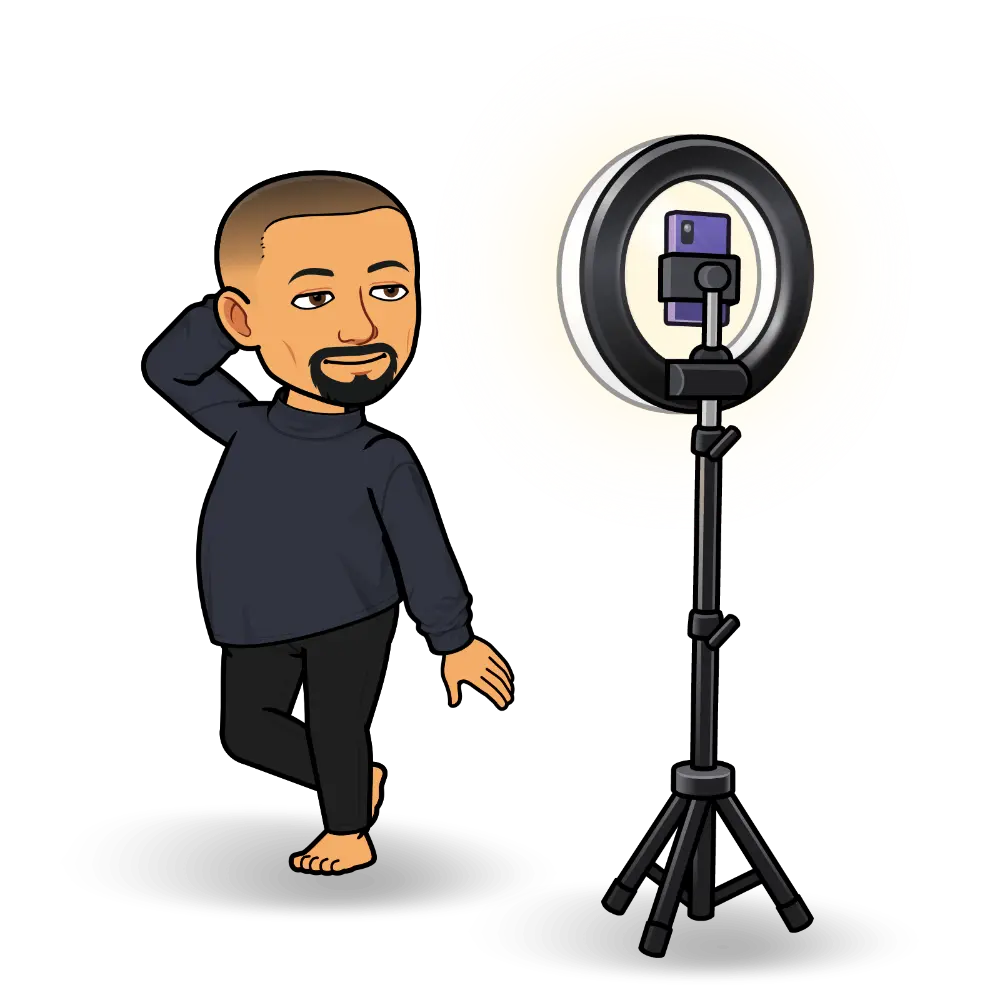 Cartoon person poses in front of a smartphone on a tripod with a ring light, suggesting content creation or filming—perfect for an about us page highlighting your creative team.