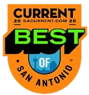 Orange shield-shaped badge with "CURRENT 2025 BEST OF SAN ANTONIO" text, featuring a city skyline silhouette in blue, representing SA Current's annual best of San Antonio award.