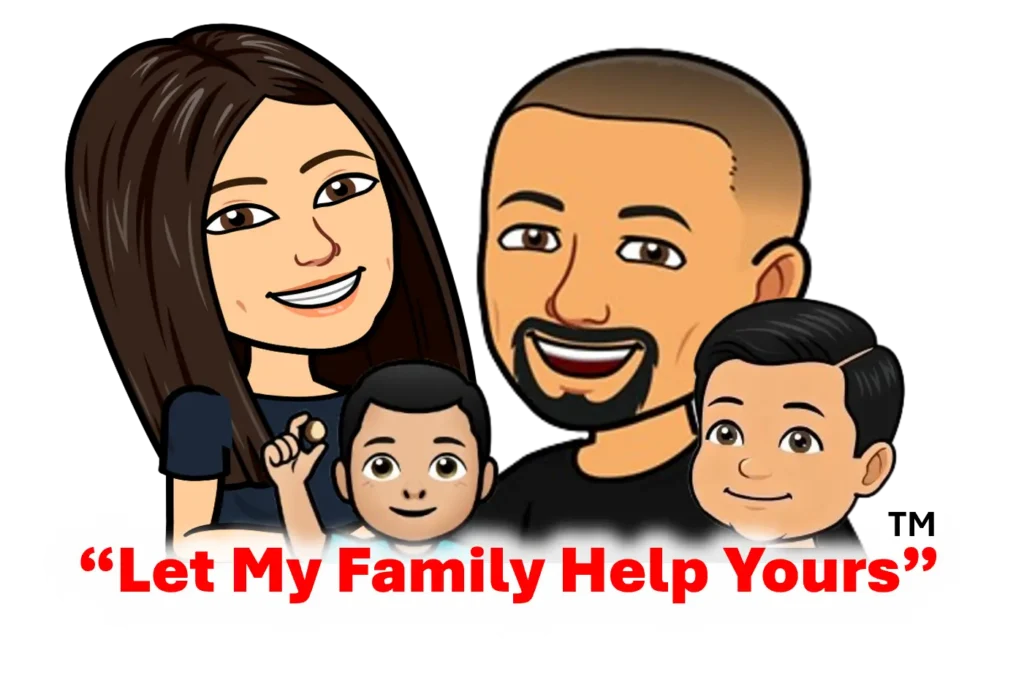 Cartoon illustration of a smiling family of four with the text "Let My Family Help Yours" in red below them.