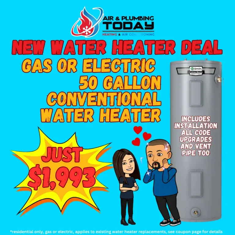 Ad for Air & Plumbing Today features a 50-gallon water heater deal for $1,993, including installation, upgrades, and vent pipe; gas or electric options available.