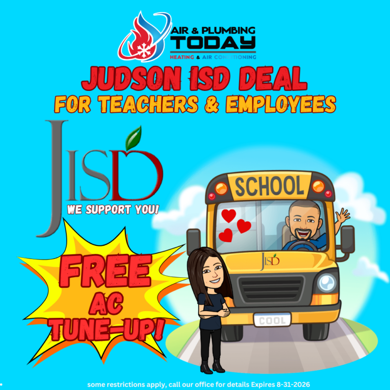Cartoon ad for Air & Plumbing Today offers Judson ISD teachers and employees a free AC tune-up. Features a school bus and cartoon characters with a “We Support You!” message.