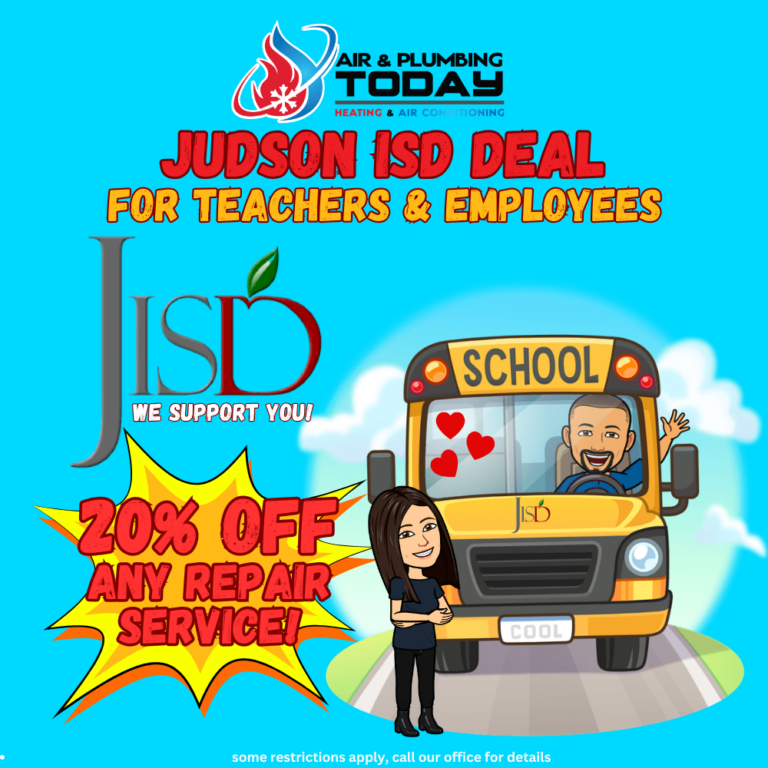 Cartoon of a school bus with “Judson ISD Deal” and “20% off any repair service” offer for teachers and employees by Air & Plumbing Today. Two cartoon people stand by the bus.