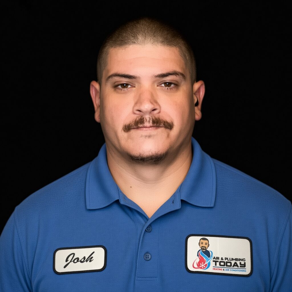 A man with short hair and a mustache wears a blue polo shirt with “Josh” and “Air & Plumbing Today” name tags, standing against a black background, perfectly representing our commitment to quality service in the “about us” section.