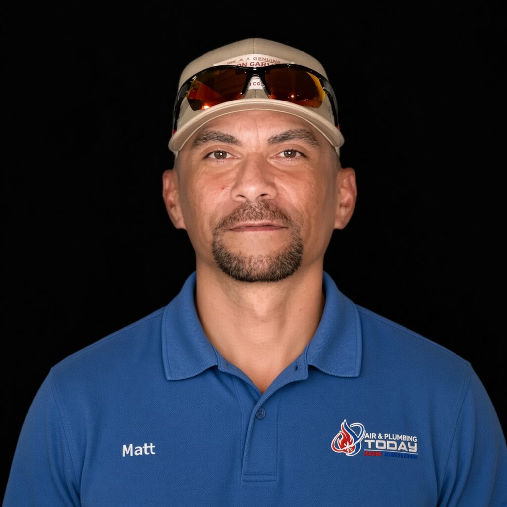 Man wearing a tan cap, sunglasses, and a blue “Air & Plumbing Today” polo shirt with the name “Matt” embroidered, standing against a black background—perfect for introducing our team on the About Us page.
