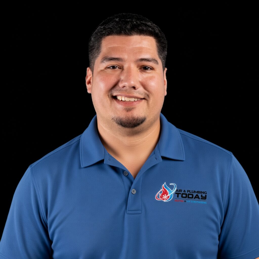 A man in a blue collared shirt with an “Air & Plumbing Today” logo stands against a black background, smiling at the camera—perfectly capturing the friendly and professional spirit you’ll find in our “about us” story.