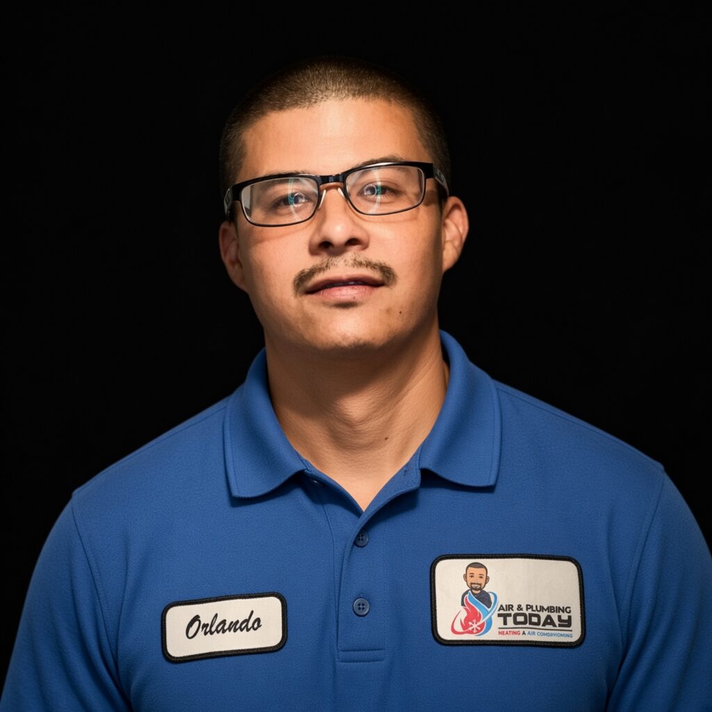 A man wearing glasses and a blue polo shirt with “Orlando” and “Air & Plumbing Today” patches stands against a black background, representing the dedicated team featured on our about us page.