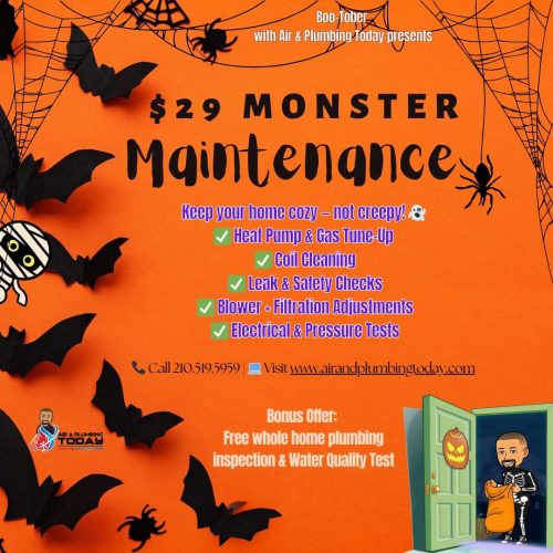 Promotional flyer for a $29 HVAC maintenance special, featuring a list of included services, phone number, website, and a bonus offer for a free plumbing inspection.